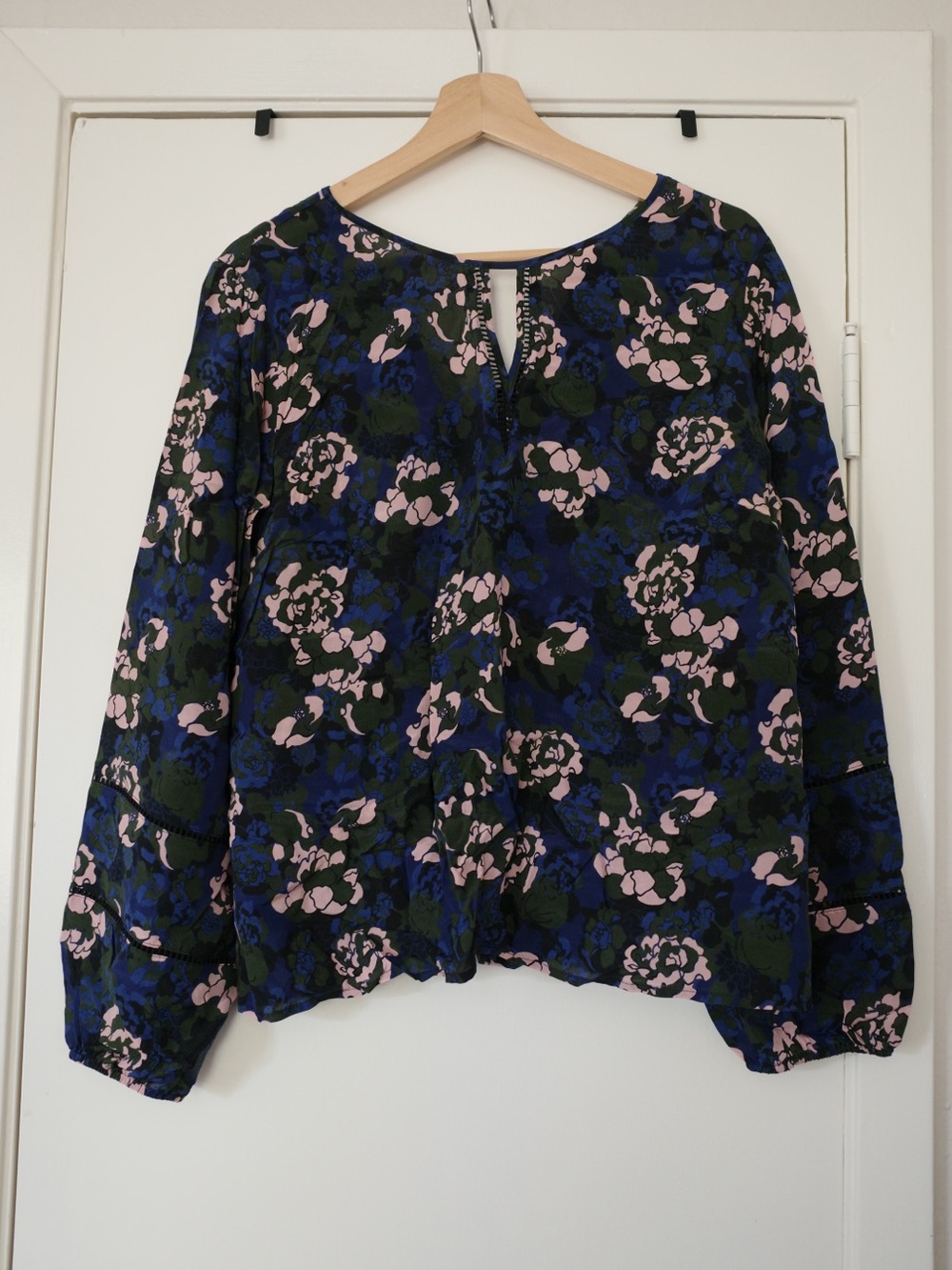 100% Silk Floral Print Long-Sleeve Top in Navy and Pink